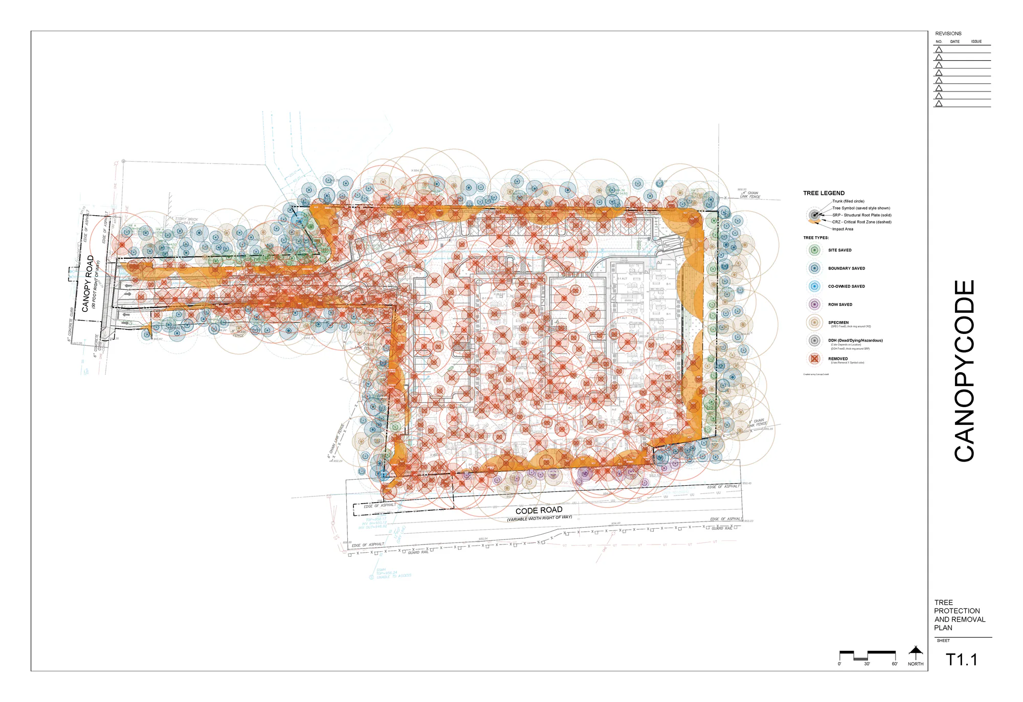 Sample tree protection and removal plan sheet showing critical root zones, tree save and removal classifications, and a tree legend